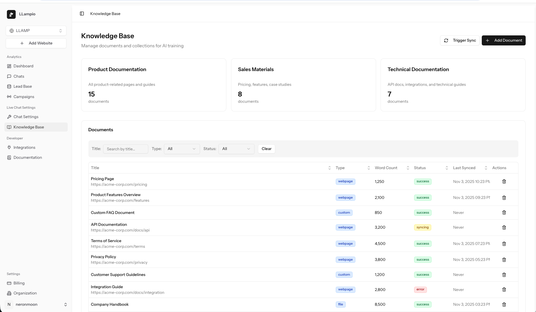 LLAMP Knowledge Base showing document management, collections, sync status, and document types for AI training